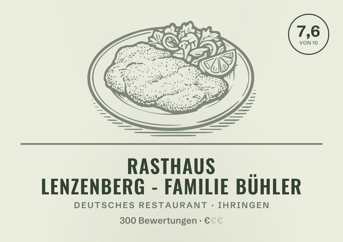 Illustriertes Poster von Rasthaus Lenzenberg - Familie Bühler, Deutsches Restaurant in Ihringen: Bewertung 7,6 von 10 aus 300 Bewertungen, Preisniveau €