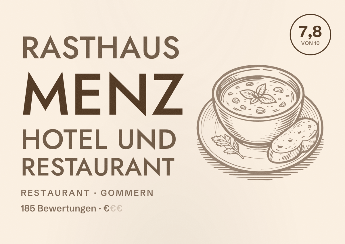 Illustriertes Poster von Rasthaus Menz Hotel und Restaurant, Restaurant in Gommern: Bewertung 7,8 von 10 aus 185 Bewertungen, Preisniveau €