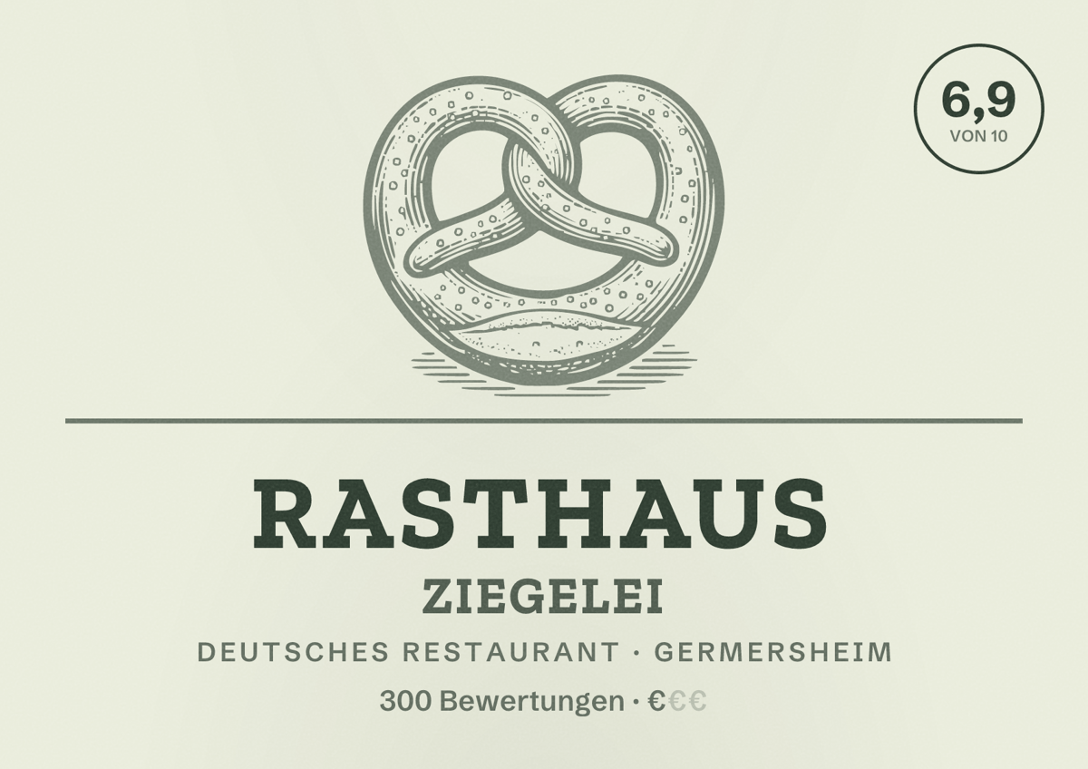Illustriertes Poster von Rasthaus Ziegelei, Deutsches Restaurant in Germersheim: Bewertung 6,9 von 10 aus 300 Bewertungen, Preisniveau €