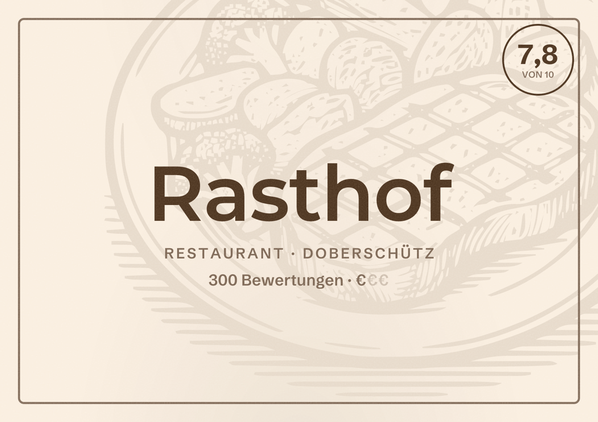 Illustriertes Poster von Rasthof, Restaurant in Doberschütz: Bewertung 7,8 von 10 aus 300 Bewertungen, Preisniveau €
