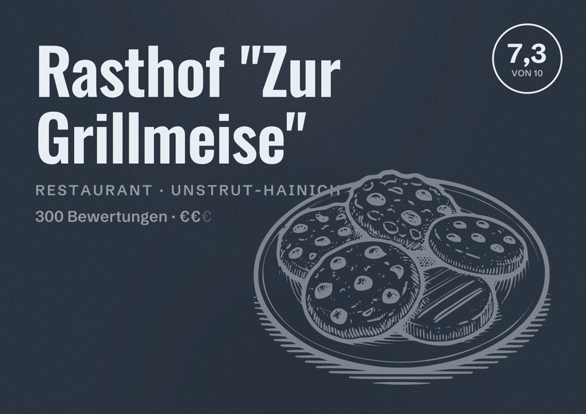 Illustriertes Poster von Rasthof "Zur Grillmeise", Restaurant in Unstrut-Hainich: Bewertung 7,3 von 10 aus 300 Bewertungen, Preisniveau €€
