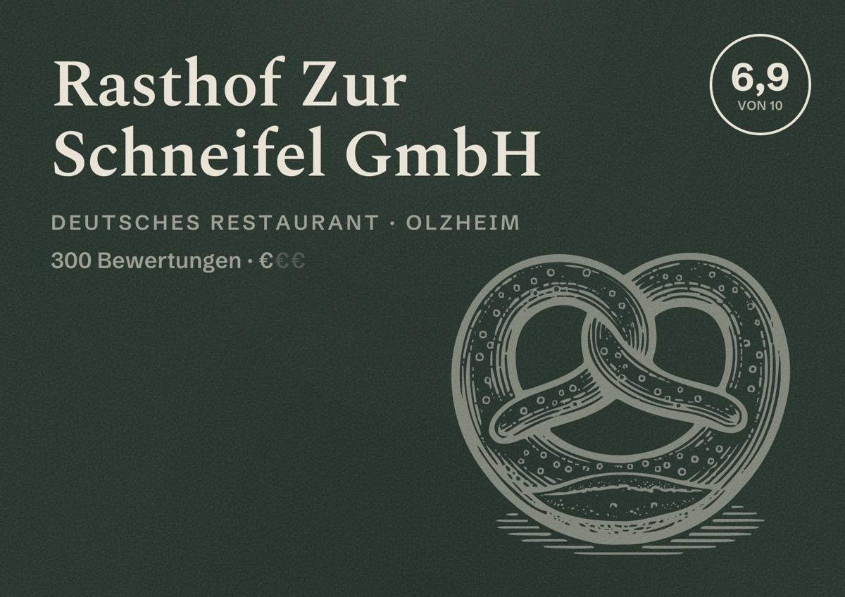 Illustriertes Poster von Rasthof Zur Schneifel GmbH, Deutsches Restaurant in Olzheim: Bewertung 6,9 von 10 aus 300 Bewertungen, Preisniveau €