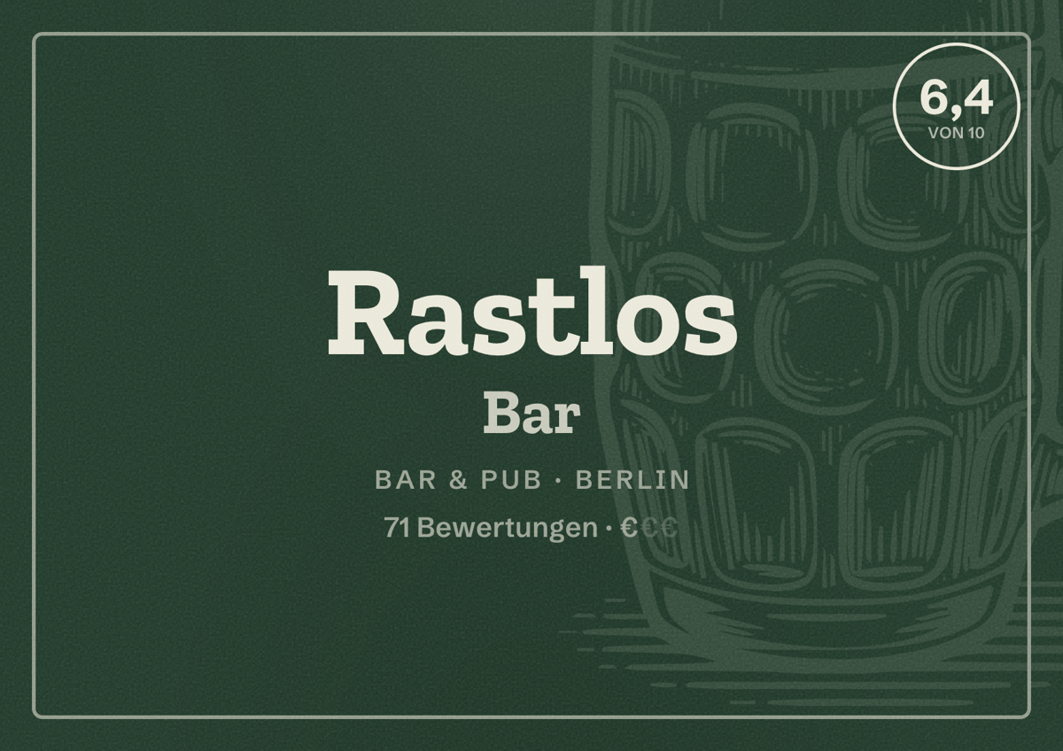 Illustriertes Poster von Rastlos Bar, Bar & Pub in Berlin: Bewertung 6,4 von 10 aus 71 Bewertungen, Preisniveau €
