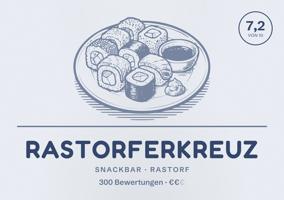 Illustriertes Poster von Rastorferkreuz, Snackbar in Rastorf: Bewertung 7,2 von 10 aus 300 Bewertungen, Preisniveau €€