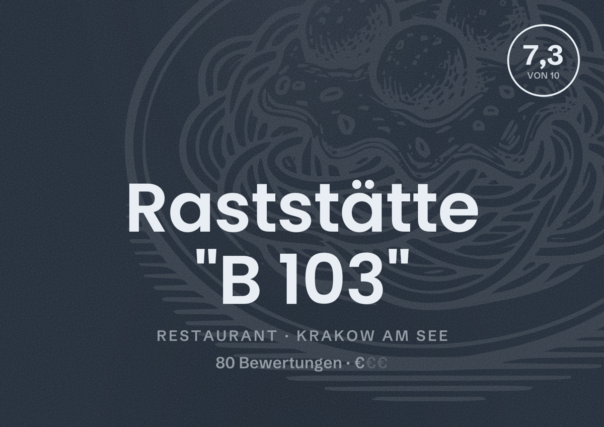 Illustriertes Poster von Raststätte "B 103", Restaurant in Krakow am See: Bewertung 7,3 von 10 aus 80 Bewertungen, Preisniveau €