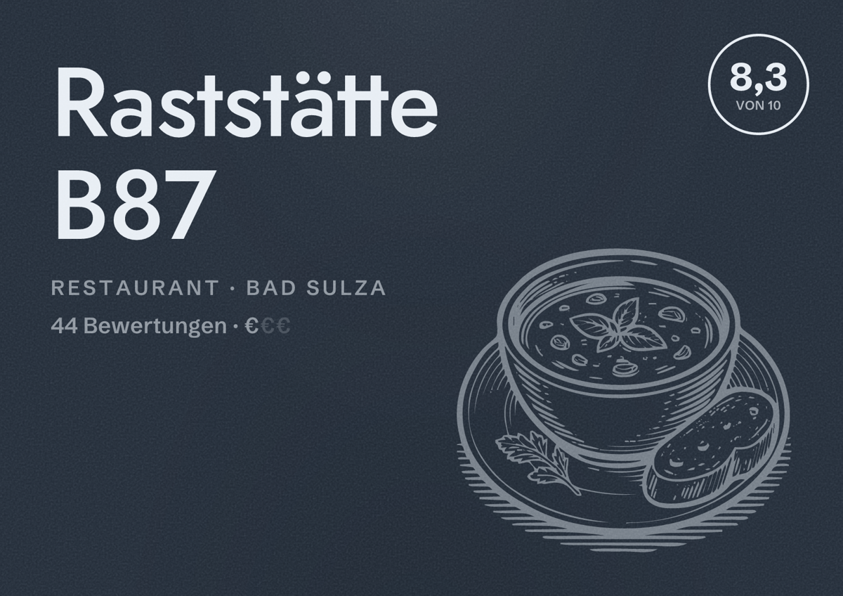 Illustriertes Poster von Raststätte B87, Restaurant in Bad Sulza: Bewertung 8,3 von 10 aus 44 Bewertungen, Preisniveau €