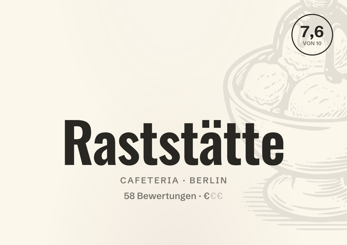 Illustriertes Poster von Raststätte, Cafeteria in Berlin: Bewertung 7,6 von 10 aus 58 Bewertungen, Preisniveau €