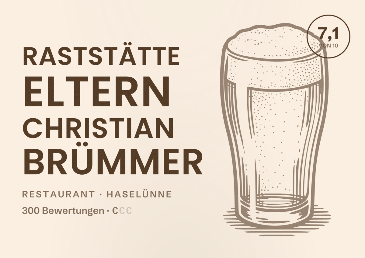 Illustriertes Poster von Raststätte Eltern Christian Brümmer, Restaurant in Haselünne: Bewertung 7,1 von 10 aus 300 Bewertungen, Preisniveau €