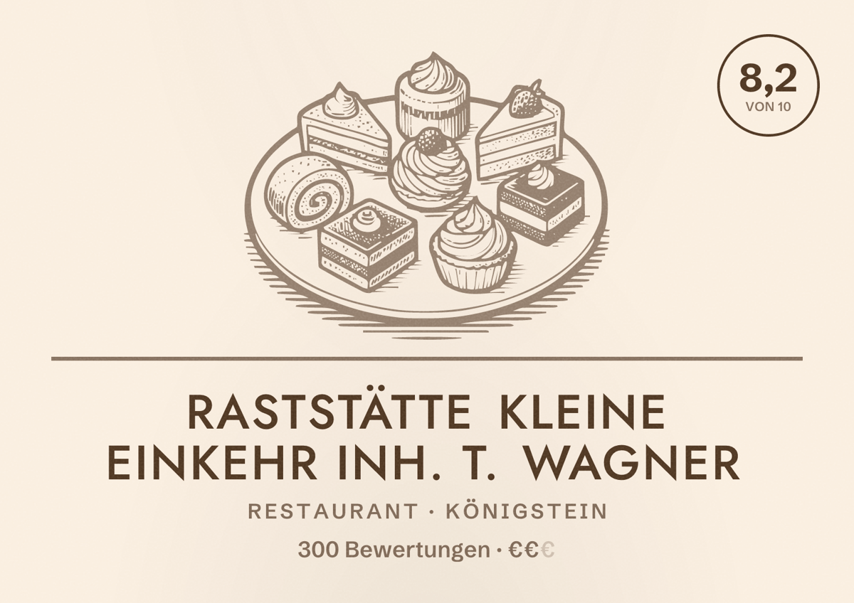 Illustriertes Poster von Raststätte Kleine Einkehr Inh. T. Wagner, Restaurant in Königstein: Bewertung 8,2 von 10 aus 300 Bewertungen, Preisniveau €€