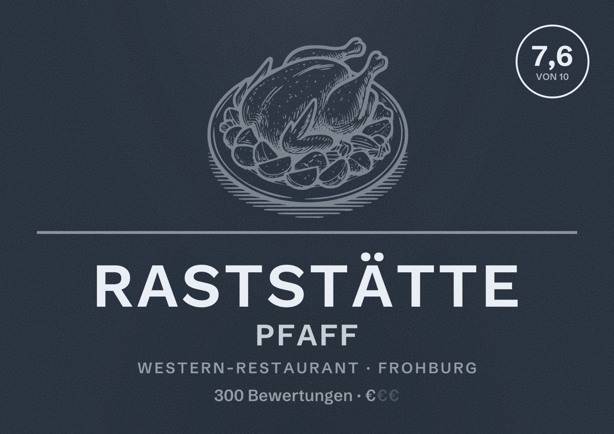 Illustriertes Poster von Raststätte Pfaff, Western-Restaurant in Frohburg: Bewertung 7,6 von 10 aus 300 Bewertungen, Preisniveau €