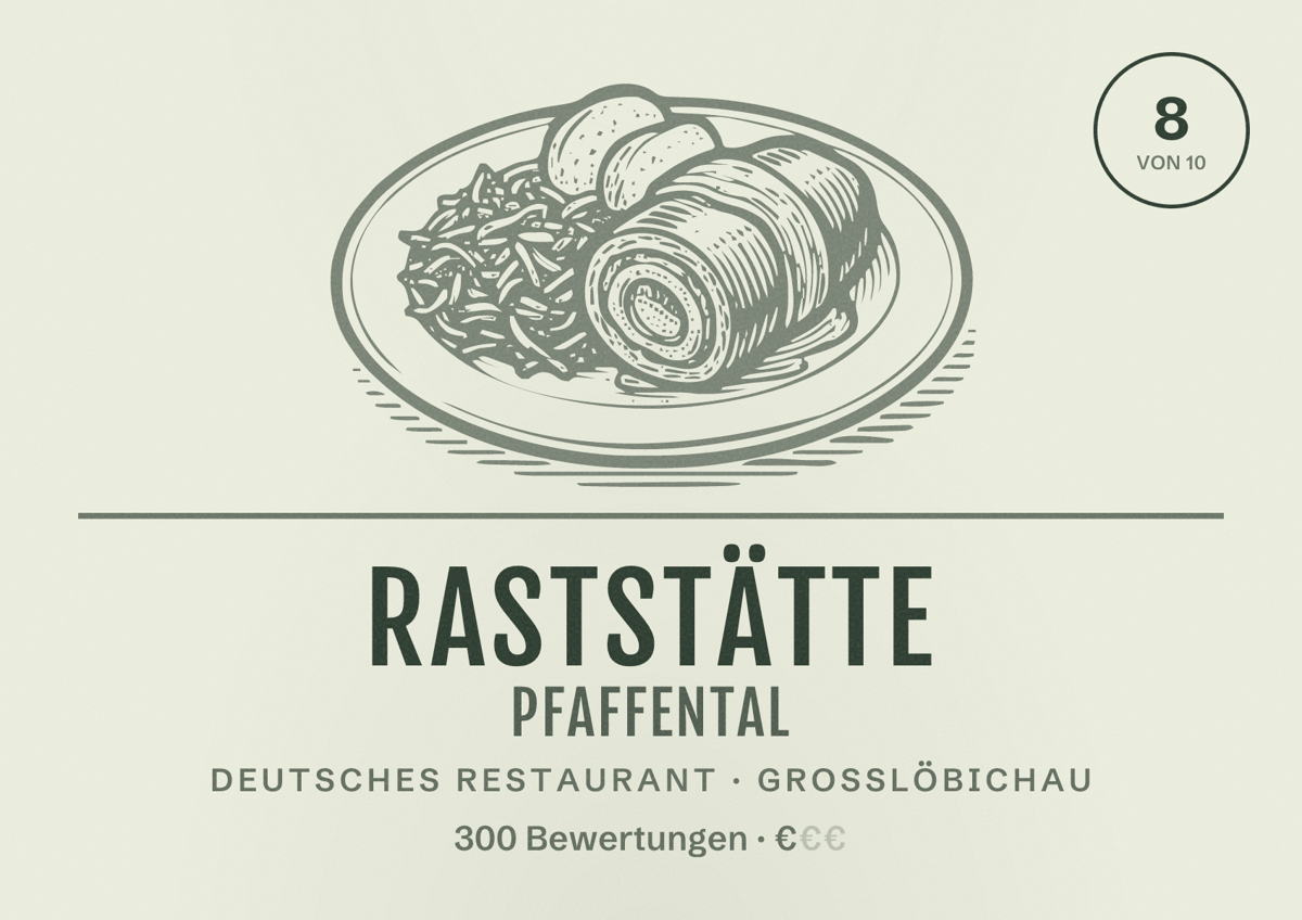 Illustriertes Poster von Raststätte Pfaffental, Deutsches Restaurant in Großlöbichau: Bewertung 8 von 10 aus 300 Bewertungen, Preisniveau €