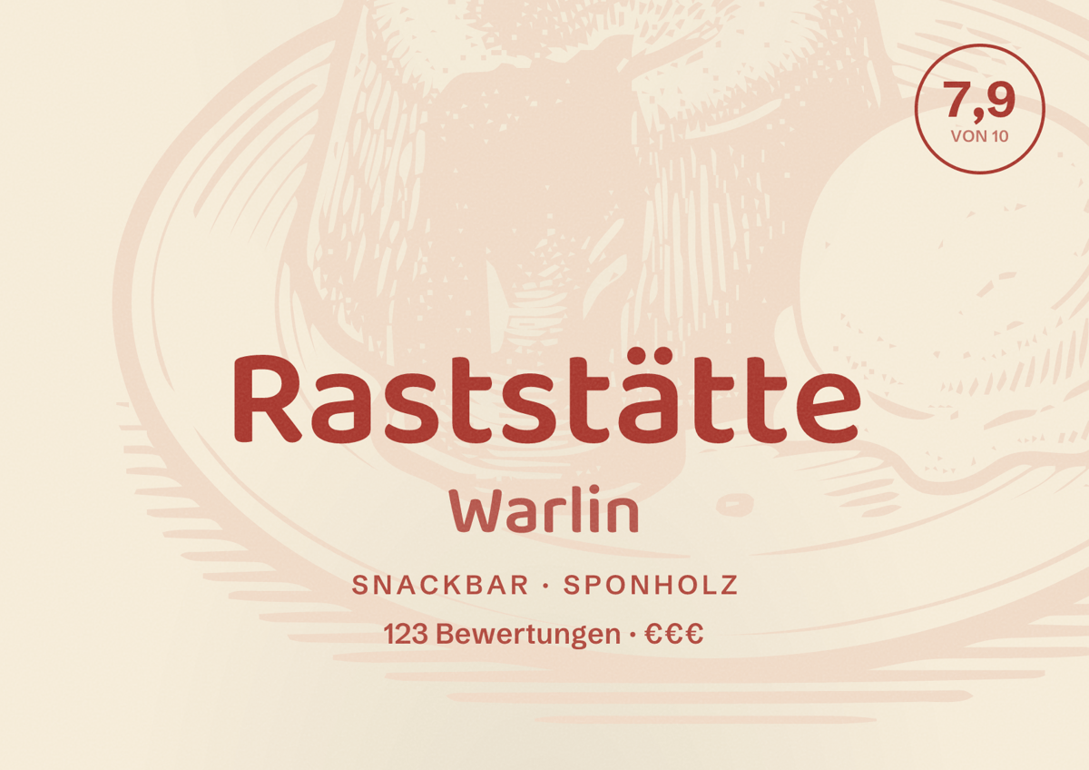 Illustriertes Poster von Raststätte Warlin, Snackbar in Sponholz: Bewertung 7,9 von 10 aus 123 Bewertungen, Preisniveau €€€