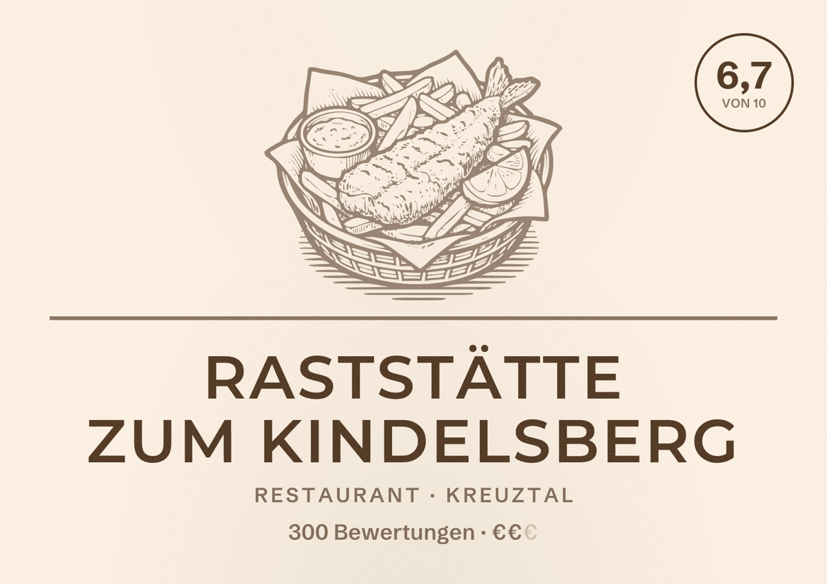 Illustriertes Poster von Raststätte Zum Kindelsberg, Restaurant in Kreuztal: Bewertung 6,7 von 10 aus 300 Bewertungen, Preisniveau €€