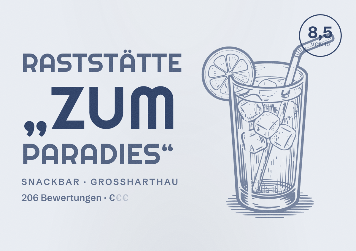 Illustriertes Poster von Raststätte „Zum Paradies“, Snackbar in Großharthau: Bewertung 8,5 von 10 aus 206 Bewertungen, Preisniveau €
