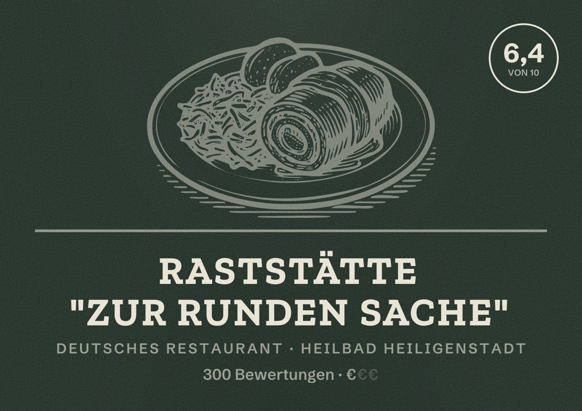 Illustriertes Poster von Raststätte "Zur Runden Sache", Deutsches Restaurant in Heilbad Heiligenstadt: Bewertung 6,4 von 10 aus 300 Bewertungen, Preisniveau €
