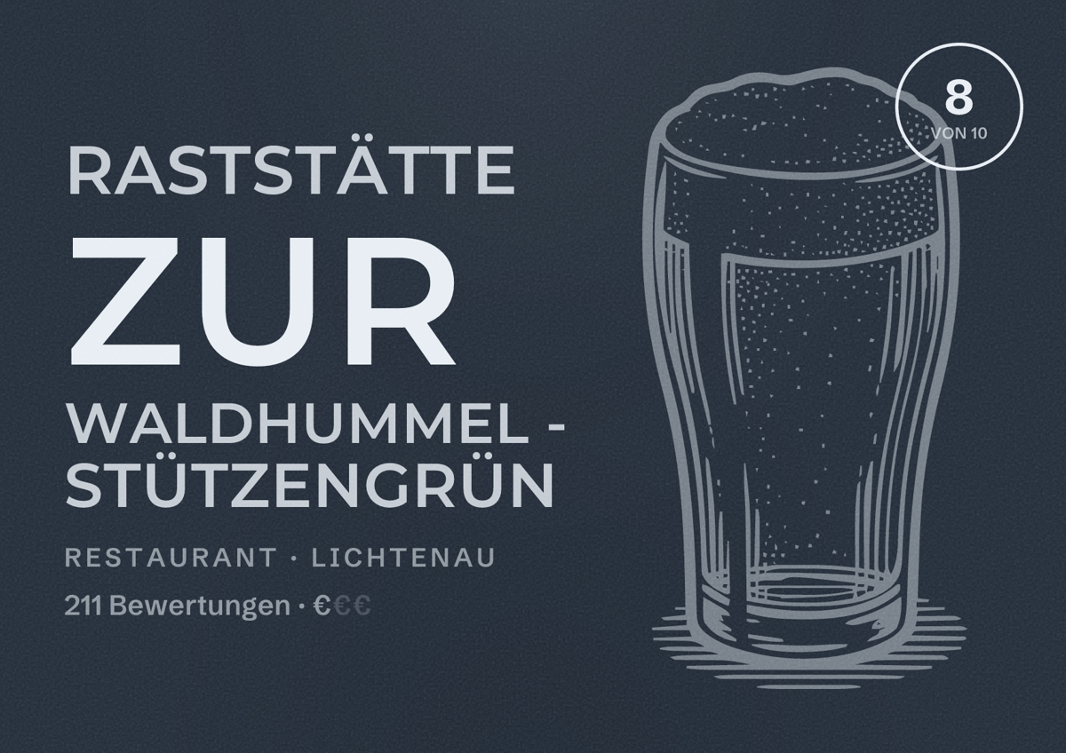 Illustriertes Poster von Raststätte zur Waldhummel - Stützengrün, Restaurant in Lichtenau: Bewertung 8 von 10 aus 211 Bewertungen, Preisniveau €