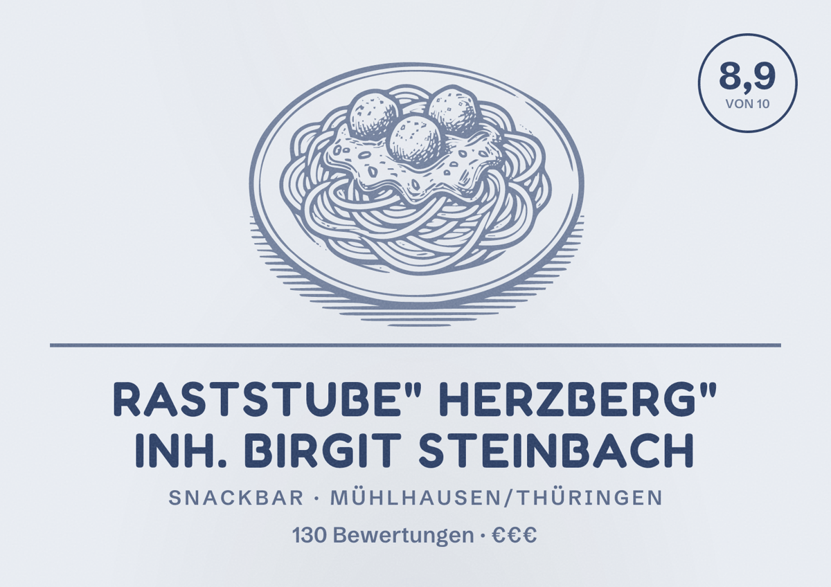 Illustriertes Poster von Raststube" Herzberg" Inh. Birgit Steinbach, Snackbar in Mühlhausen/Thüringen: Bewertung 8,9 von 10 aus 130 Bewertungen, Preisniveau €€€