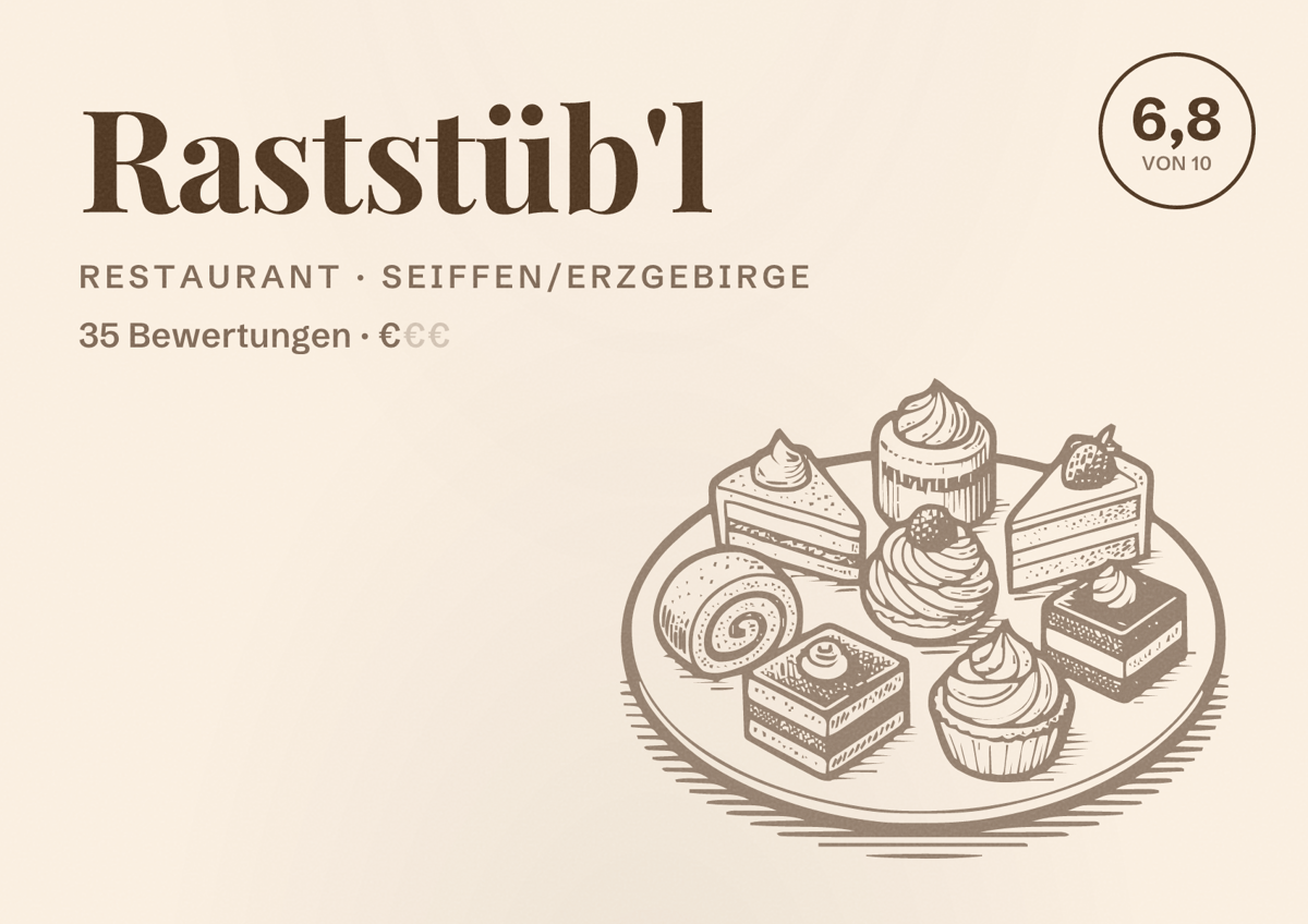 Illustriertes Poster von Raststüb'l, Restaurant in Seiffen/Erzgebirge: Bewertung 6,8 von 10 aus 35 Bewertungen, Preisniveau €