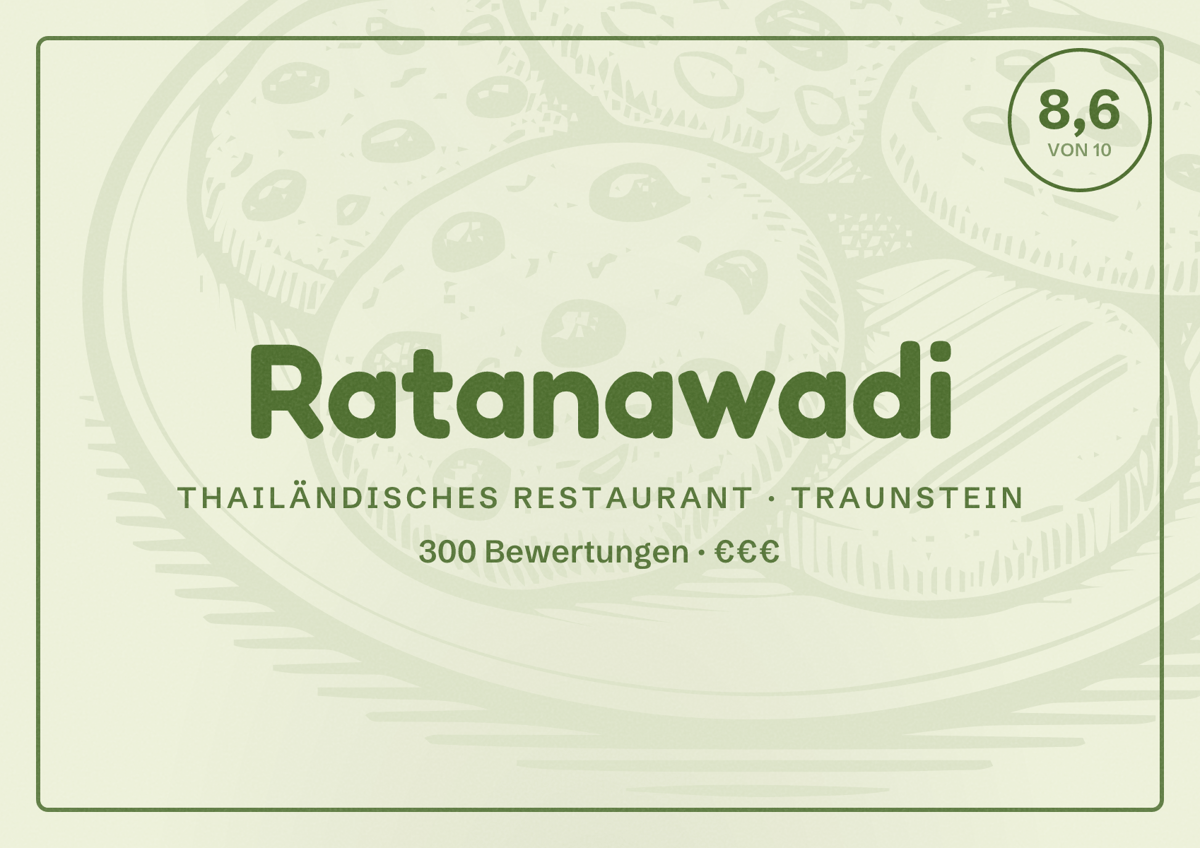 Illustriertes Poster von Ratanawadi, Thailändisches Restaurant in Traunstein: Bewertung 8,6 von 10 aus 300 Bewertungen, Preisniveau €€€