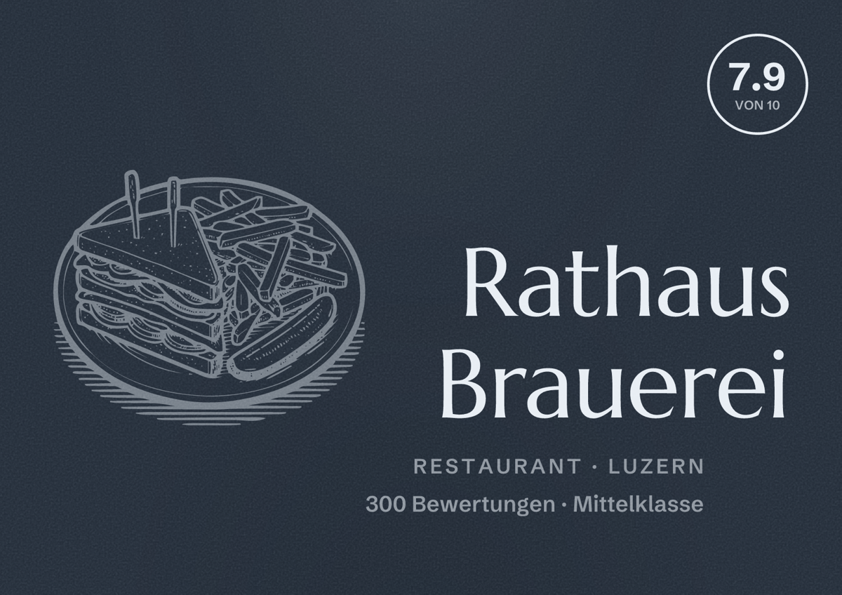 Illustriertes Poster von Rathaus Brauerei, Restaurant in Luzern: Bewertung 7.9 von 10 aus 300 Bewertungen, Preisniveau Mittelklasse