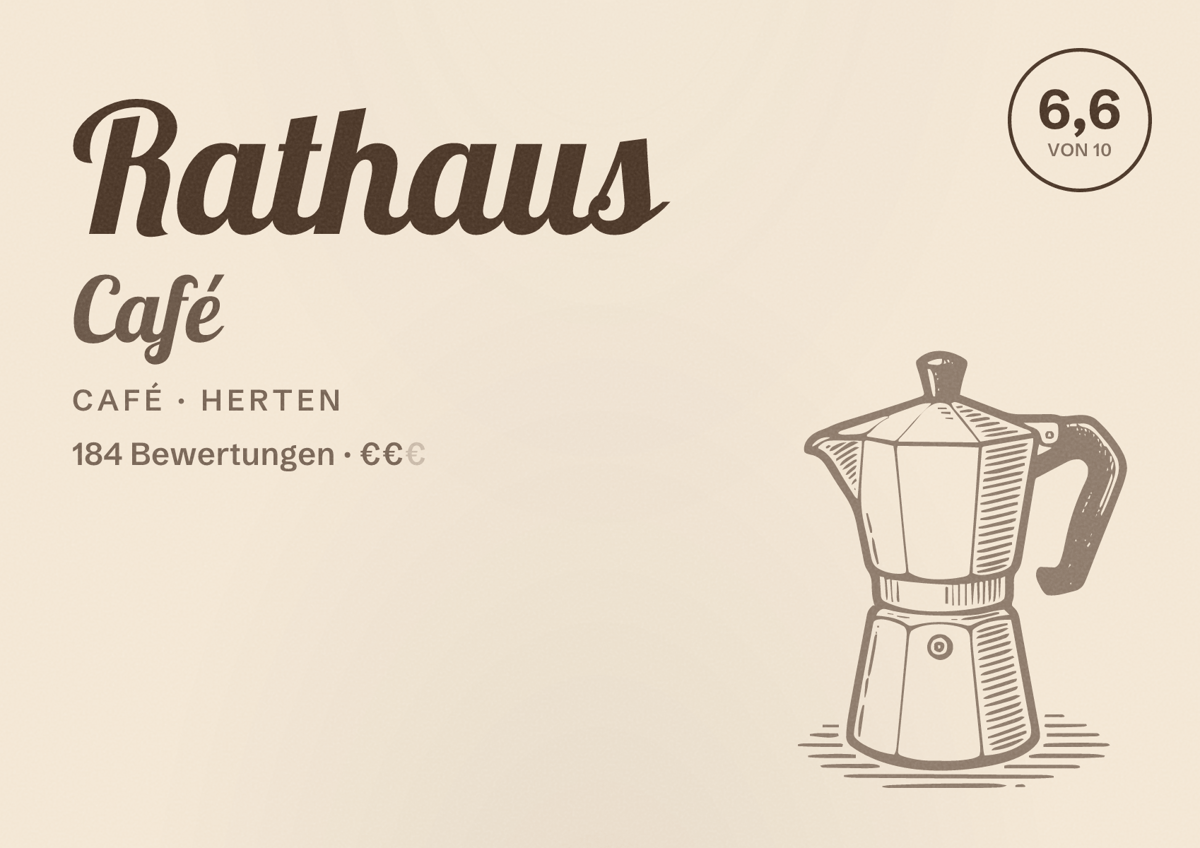Illustriertes Poster von Rathaus Café, Café in Herten: Bewertung 6,6 von 10 aus 184 Bewertungen, Preisniveau €€