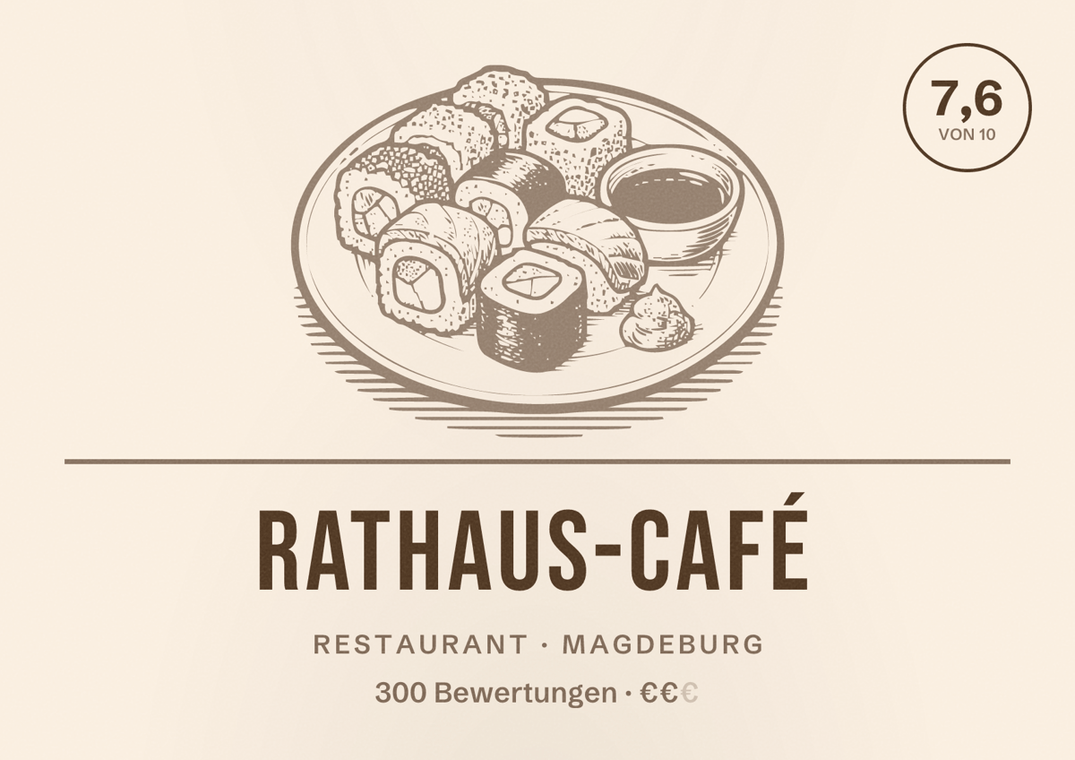 Illustriertes Poster von Rathaus-Café, Restaurant in Magdeburg: Bewertung 7,6 von 10 aus 300 Bewertungen, Preisniveau €€