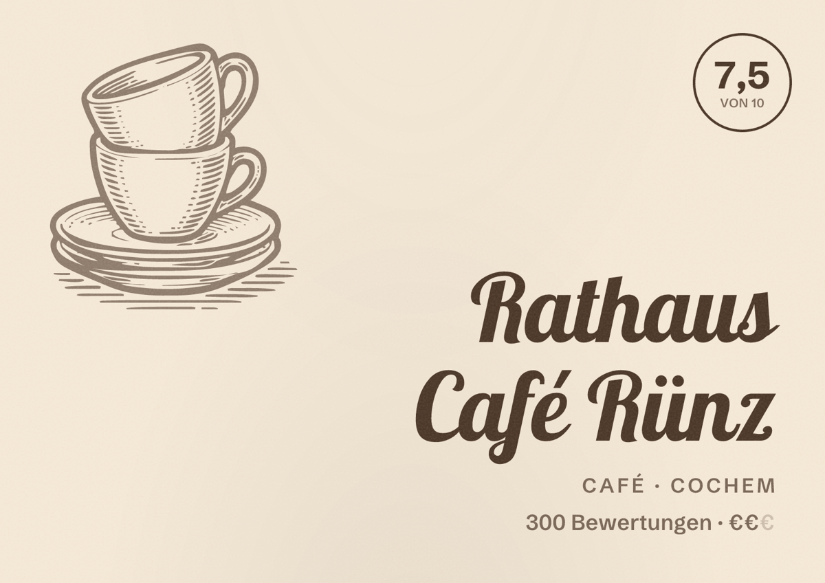 Illustriertes Poster von Rathaus Café Rünz, Café in Cochem: Bewertung 7,5 von 10 aus 300 Bewertungen, Preisniveau €€