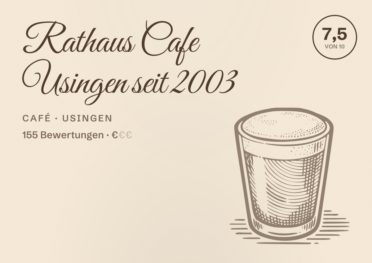 Illustriertes Poster von Rathaus Cafe Usingen seit 2003, Café in Usingen: Bewertung 7,5 von 10 aus 155 Bewertungen, Preisniveau €