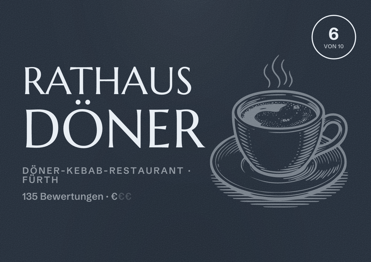 Illustriertes Poster von Rathaus Döner, Döner-Kebab-Restaurant in Fürth: Bewertung 6 von 10 aus 135 Bewertungen, Preisniveau €
