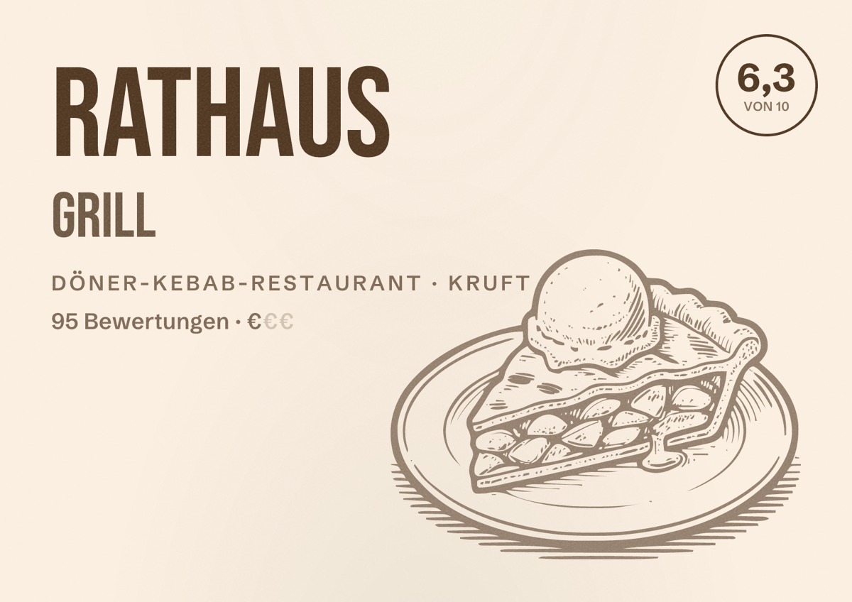 Illustriertes Poster von Rathaus Grill, Döner-Kebab-Restaurant in Kruft: Bewertung 6,3 von 10 aus 95 Bewertungen, Preisniveau €