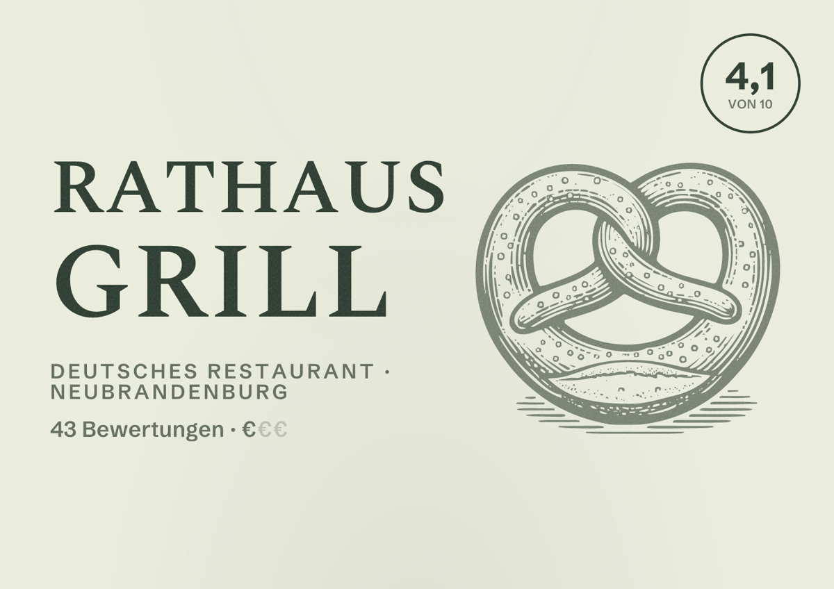 Illustriertes Poster von Rathaus Grill, Deutsches Restaurant in Neubrandenburg: Bewertung 4,1 von 10 aus 43 Bewertungen, Preisniveau €