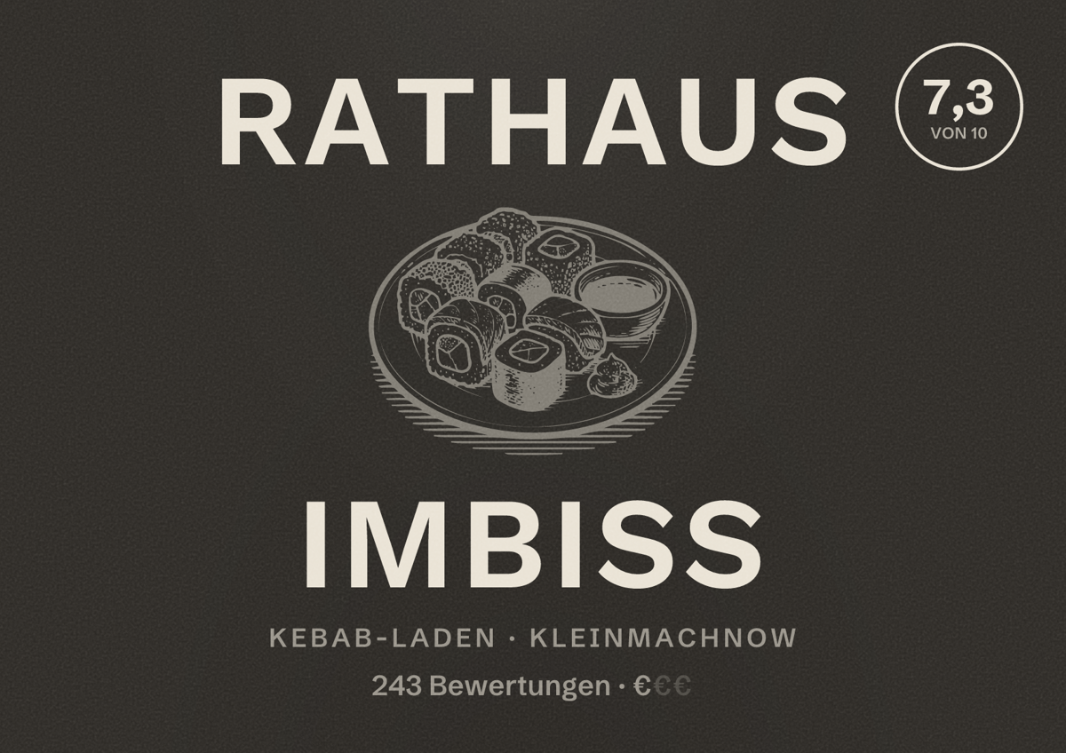 Illustriertes Poster von Rathaus Imbiss, Kebab-Laden in Kleinmachnow: Bewertung 7,3 von 10 aus 243 Bewertungen, Preisniveau €