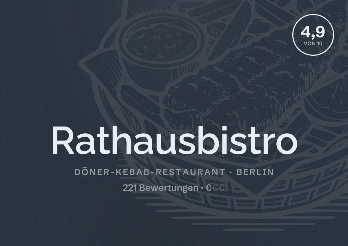Illustriertes Poster von Rathausbistro, Döner-Kebab-Restaurant in Berlin: Bewertung 4,9 von 10 aus 221 Bewertungen, Preisniveau €