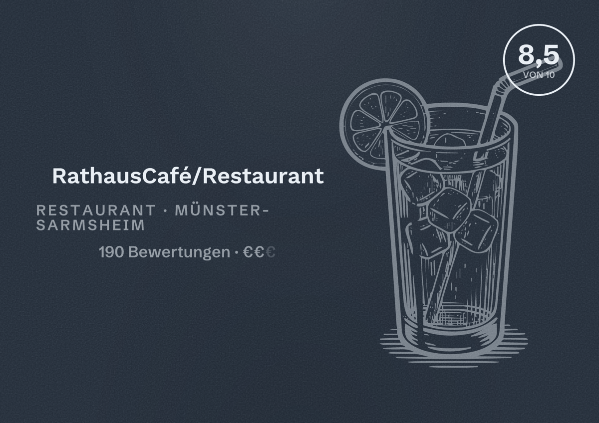 Illustriertes Poster von RathausCafé/Restaurant, Restaurant in Münster-Sarmsheim: Bewertung 8,5 von 10 aus 190 Bewertungen, Preisniveau €€