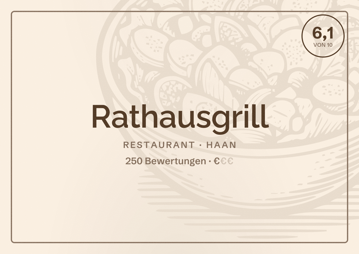 Illustriertes Poster von Rathausgrill, Restaurant in Haan: Bewertung 6,1 von 10 aus 250 Bewertungen, Preisniveau €