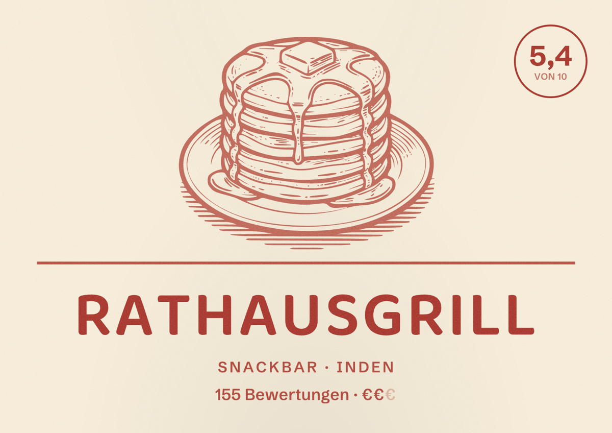 Illustriertes Poster von Rathausgrill, Snackbar in Inden: Bewertung 5,4 von 10 aus 155 Bewertungen, Preisniveau €€