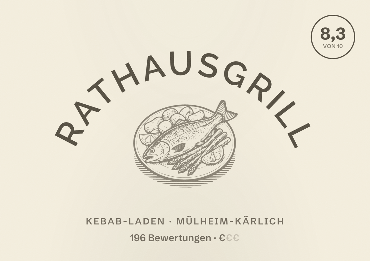 Illustriertes Poster von Rathausgrill, Kebab-Laden in Mülheim-Kärlich: Bewertung 8,3 von 10 aus 196 Bewertungen, Preisniveau €