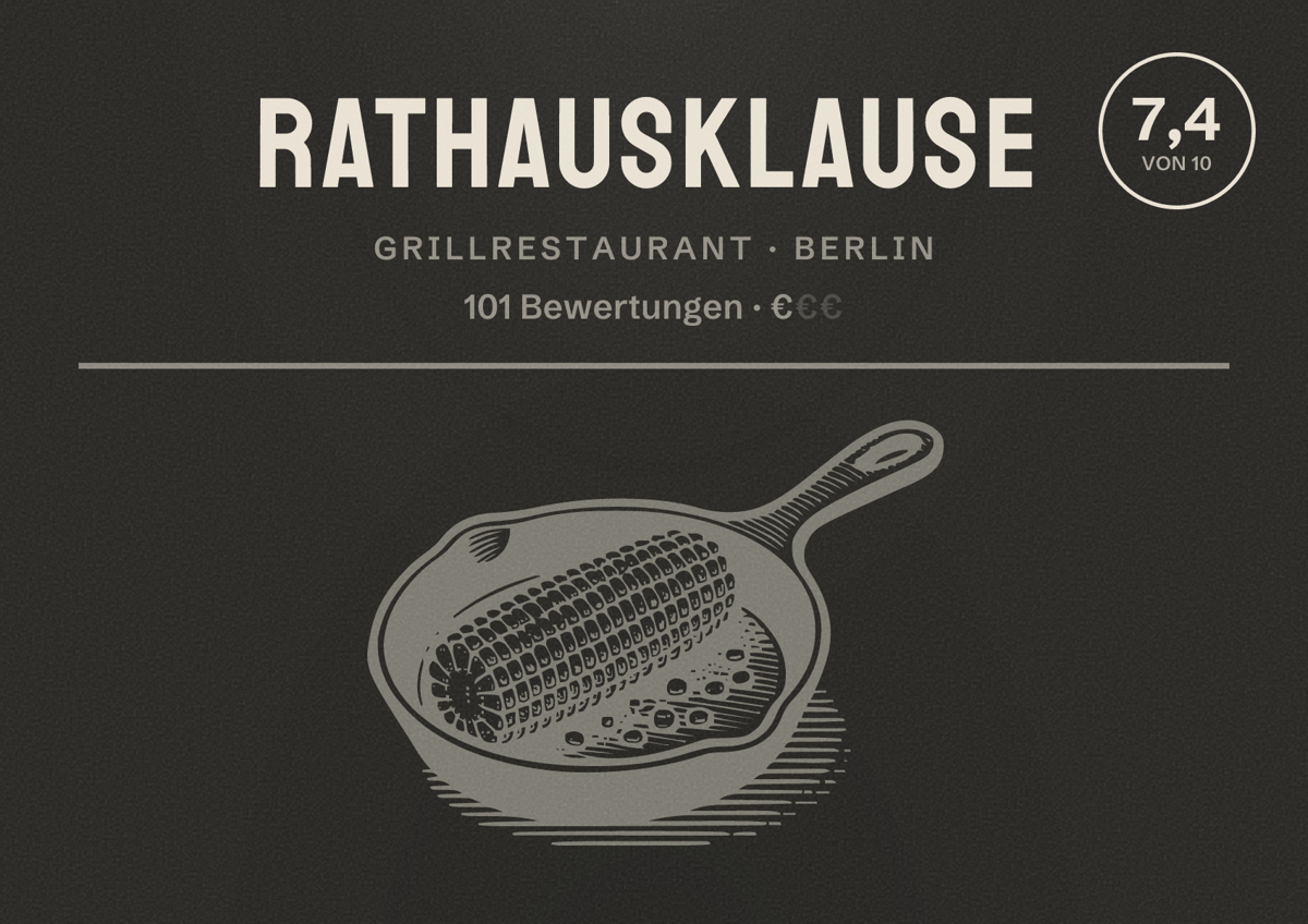 Illustriertes Poster von Rathausklause, Grillrestaurant in Berlin: Bewertung 7,4 von 10 aus 101 Bewertungen, Preisniveau €