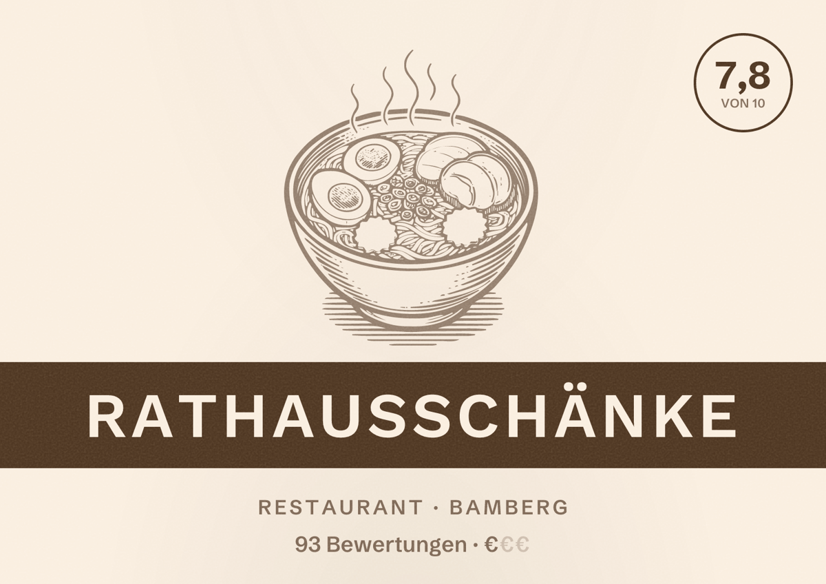 Illustriertes Poster von Rathausschänke, Restaurant in Bamberg: Bewertung 7,8 von 10 aus 93 Bewertungen, Preisniveau €