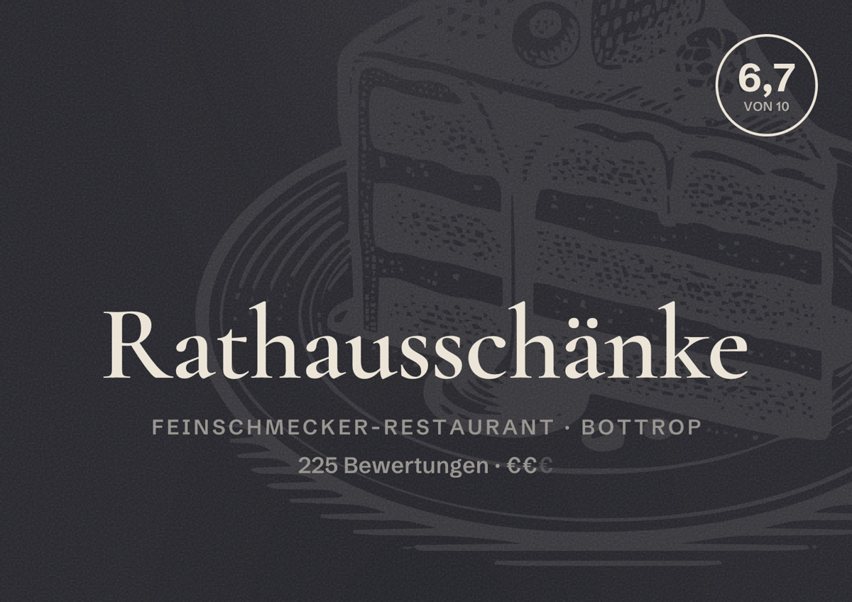 Illustriertes Poster von Rathausschänke, Feinschmecker-Restaurant in Bottrop: Bewertung 6,7 von 10 aus 225 Bewertungen, Preisniveau €€