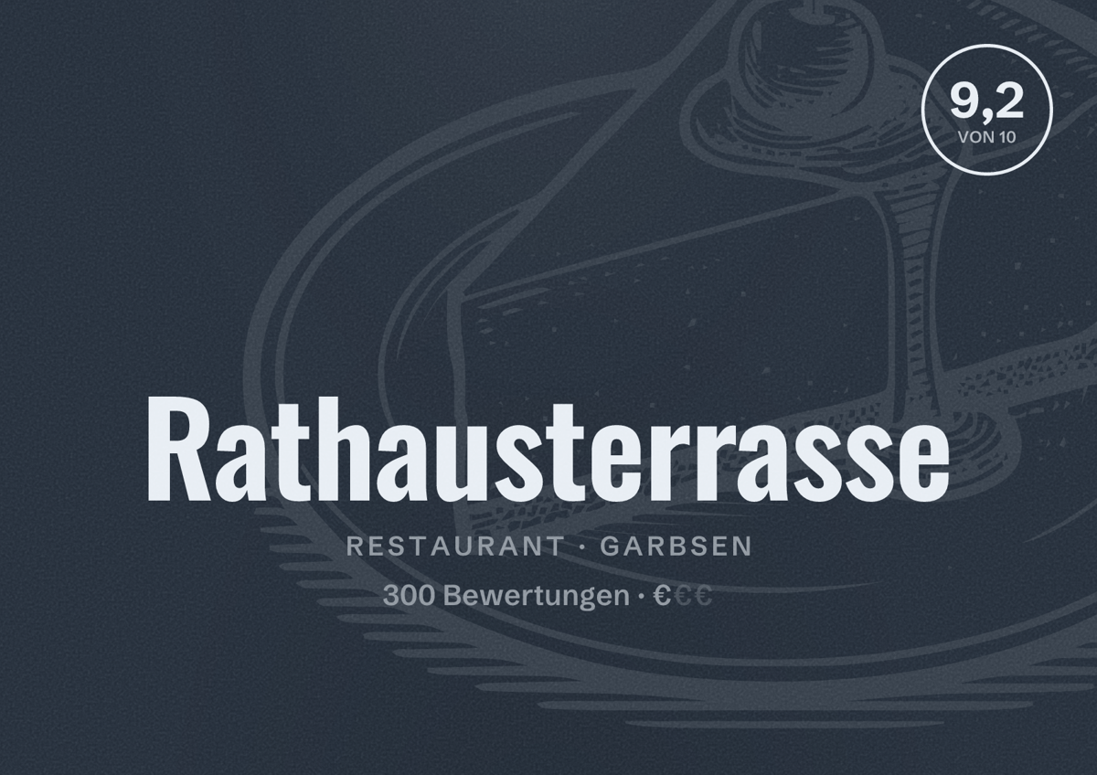 Illustriertes Poster von Rathausterrasse, Restaurant in Garbsen: Bewertung 9,2 von 10 aus 300 Bewertungen, Preisniveau €