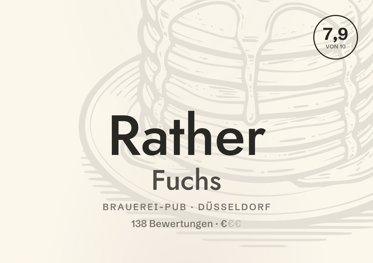 Illustriertes Poster von Rather Fuchs, Brauerei-Pub in Düsseldorf: Bewertung 7,9 von 10 aus 138 Bewertungen, Preisniveau €