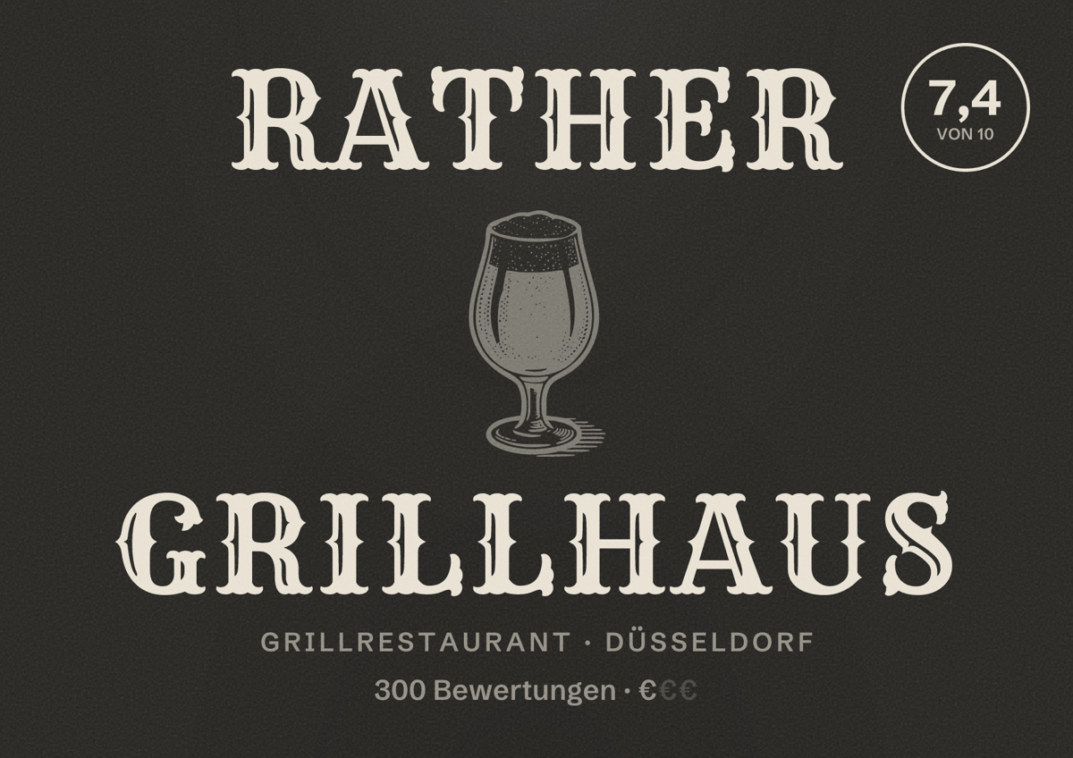 Illustriertes Poster von Rather Grillhaus, Grillrestaurant in Düsseldorf: Bewertung 7,4 von 10 aus 300 Bewertungen, Preisniveau €