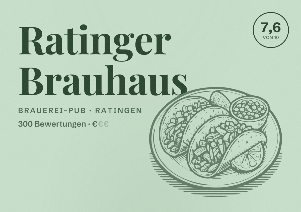 Illustriertes Poster von Ratinger Brauhaus, Brauerei-Pub in Ratingen: Bewertung 7,6 von 10 aus 300 Bewertungen, Preisniveau €