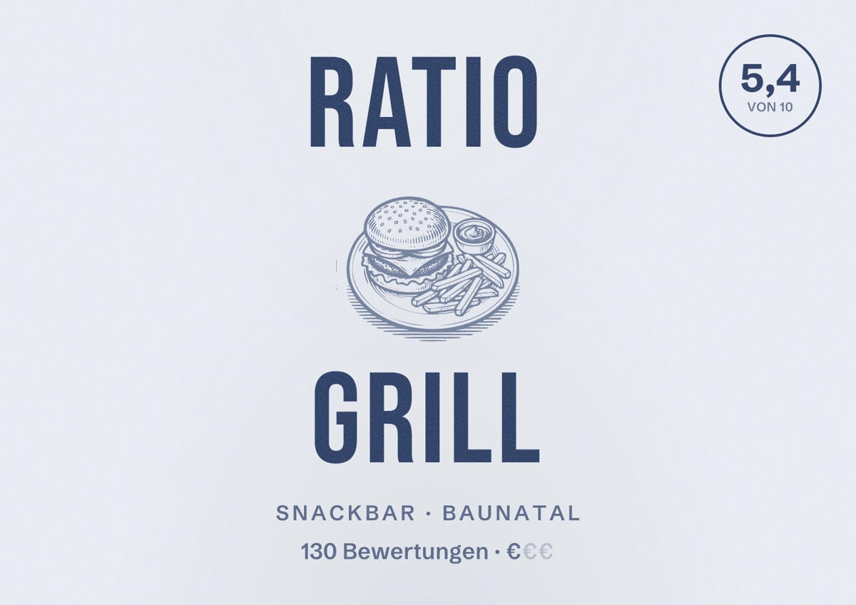 Illustriertes Poster von Ratio Grill, Snackbar in Baunatal: Bewertung 5,4 von 10 aus 130 Bewertungen, Preisniveau €