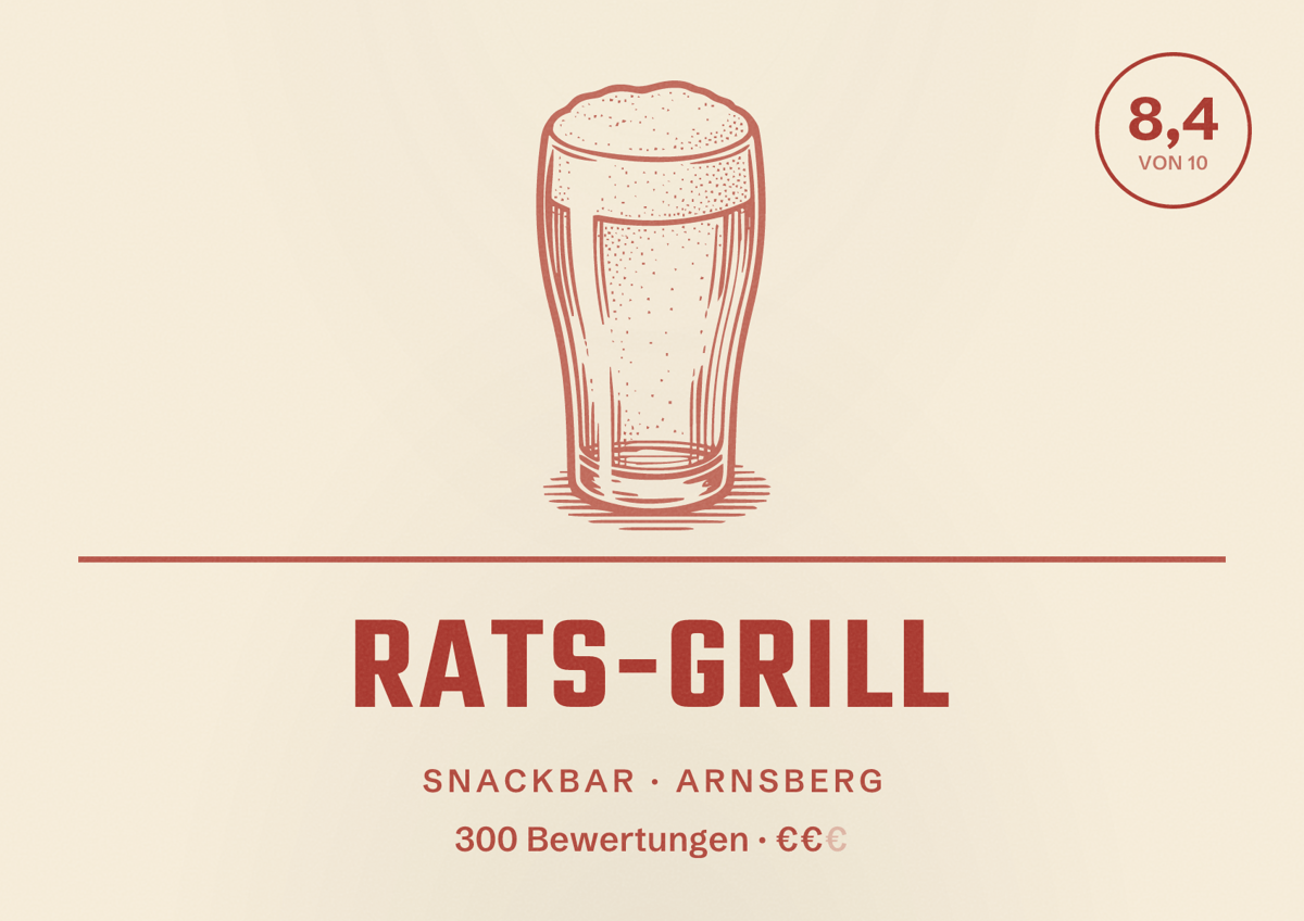 Illustriertes Poster von RATS-GRILL, Snackbar in Arnsberg: Bewertung 8,4 von 10 aus 300 Bewertungen, Preisniveau €€