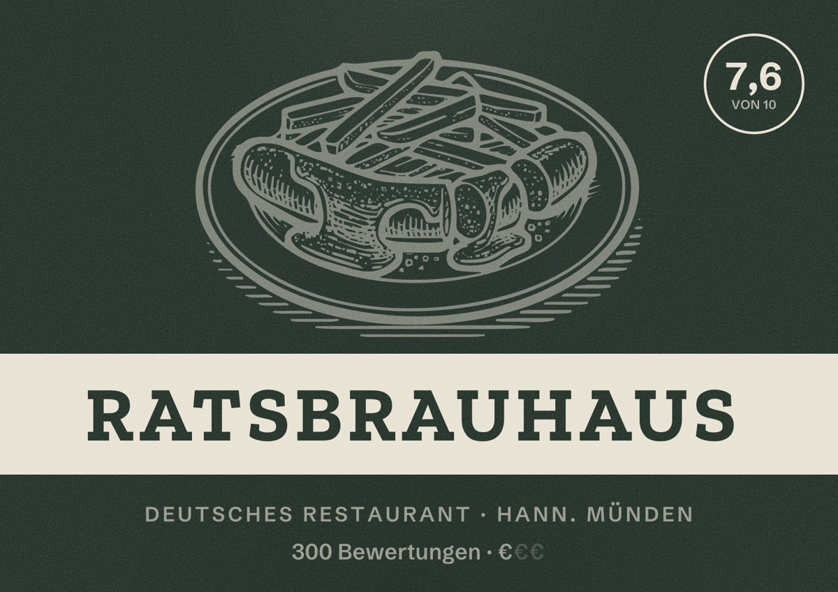 Illustriertes Poster von Ratsbrauhaus, Deutsches Restaurant in Hann. Münden: Bewertung 7,6 von 10 aus 300 Bewertungen, Preisniveau €