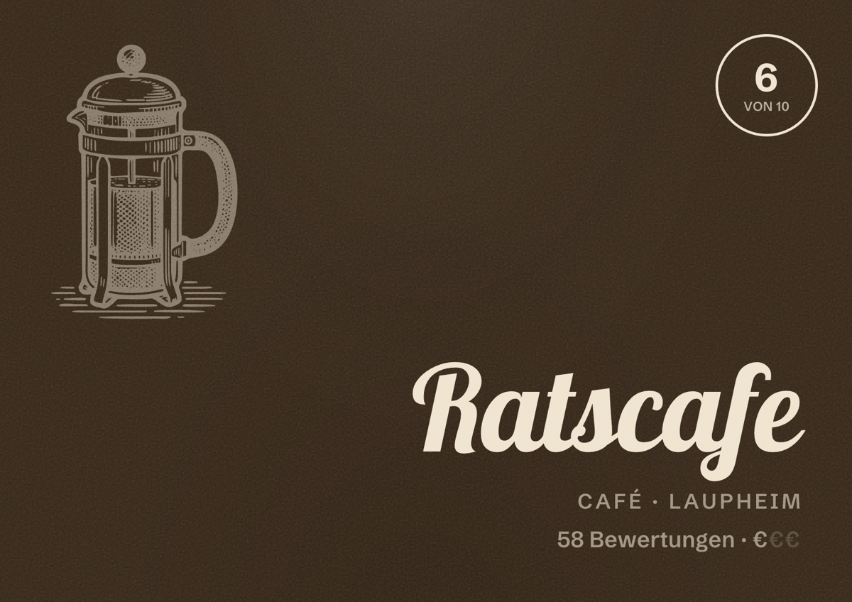 Illustriertes Poster von Ratscafe, Café in Laupheim: Bewertung 6 von 10 aus 58 Bewertungen, Preisniveau €