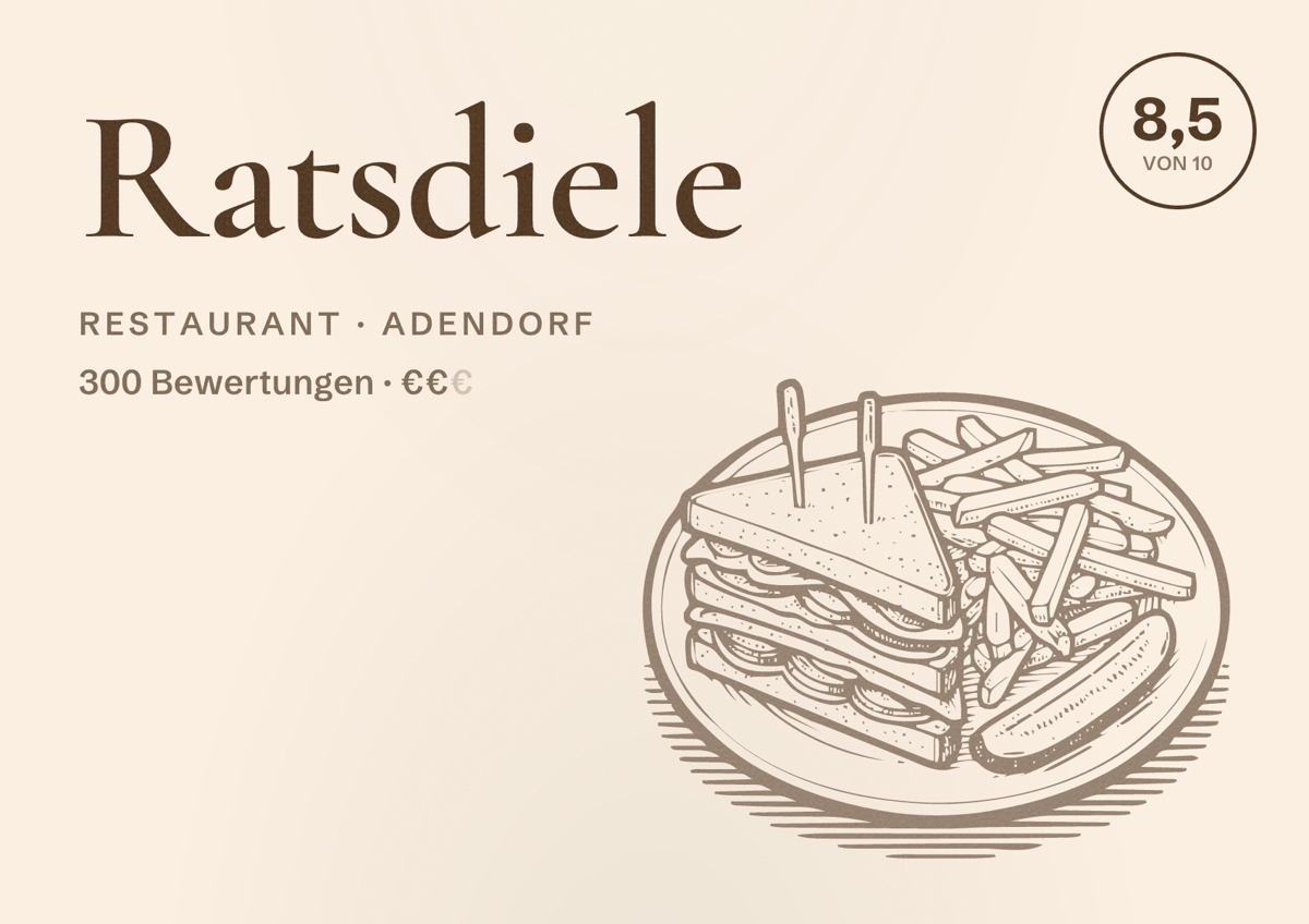 Illustriertes Poster von Ratsdiele, Restaurant in Adendorf: Bewertung 8,5 von 10 aus 300 Bewertungen, Preisniveau €€