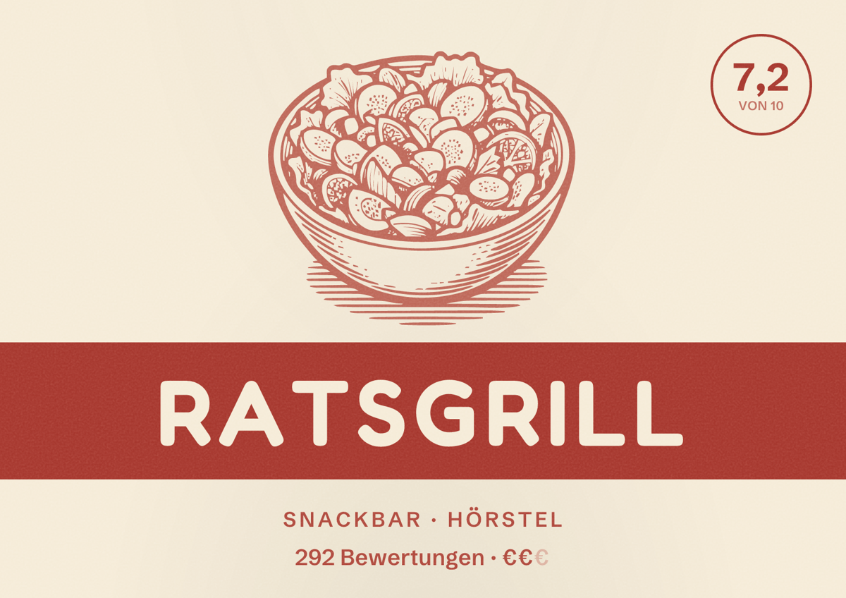 Illustriertes Poster von Ratsgrill, Snackbar in Hörstel: Bewertung 7,2 von 10 aus 292 Bewertungen, Preisniveau €€